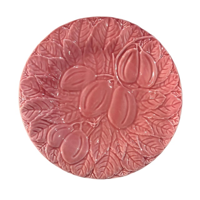 Rose Vintage Set Bordallo Pinheiro Majolica Rose-Pink Plates Each One With Different Fruit - 6 Plates For Sale - Image 8 of 11
