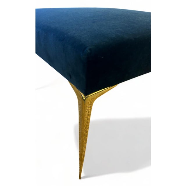 Colette Ottoman in Navy Velvet With Solid Brass Stiletto Legs For Sale In New York - Image 6 of 6