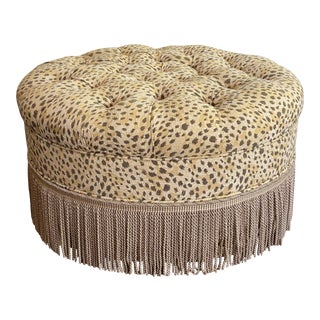 Leopard Print Round Tufted Ottoman With Fringe For Sale