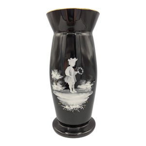 Victorian Mary Gregory Black Amethyst Glass Vase — Hand-Blown Bohemian C. 1880-1900 — Child With Crown and Wreath