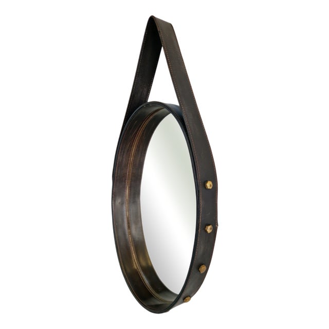 Florentine Oval Leather Mirror in Brass by Jacques Adnet, 1960s For Sale