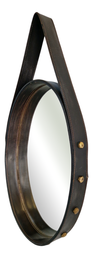 Florentine Oval Leather Mirror in Brass by Jacques Adnet, 1960s