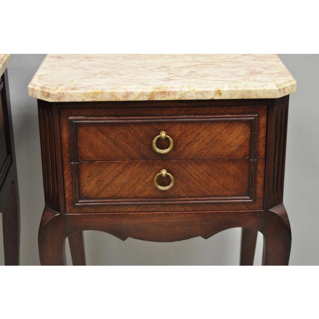 Vintage French Louis XV Style Pink Marble Top Mahogany Nighstand Table - A Pair For Sale In Philadelphia - Image 6 of 15