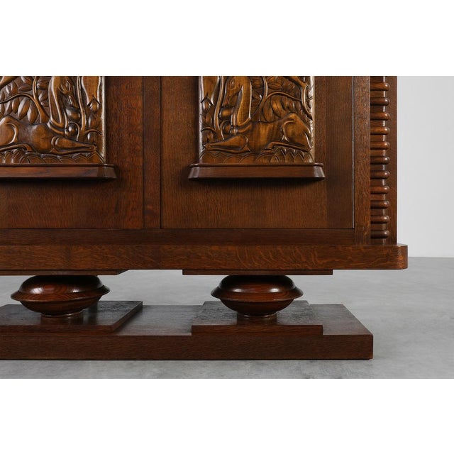 Art Deco Oak Cabinet with Sculptural Carving from Jacques Klein, France, 1925 For Sale - Image 6 of 18