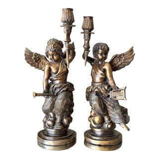Antique Art Nouveau Brass Bronze Cherub Cupid Angel Candlestick Holder Sculptures - A Pair For Sale