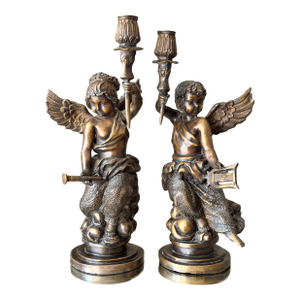 Antique Art Nouveau Brass Bronze Cherub Cupid Angel Candlestick Holder Sculptures - A Pair