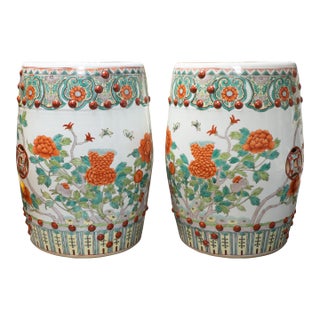1960s Chinese Porcelain Set of Two (2) Porcelain Famille Verte Garden Seats For Sale