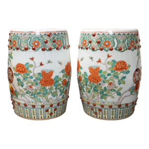 1960s Chinese Porcelain Set of Two (2) Porcelain Famille Verte Garden Seats