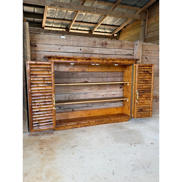 Vintage Bamboo Wall-Mounted Bar Cabinet With Accordion Doors & Mermaid Handles For Sale - Image 10 of 12