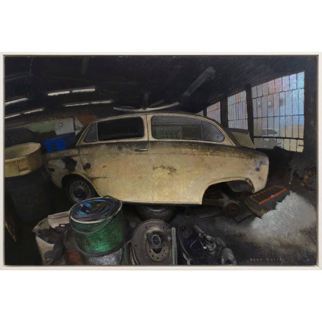 8th and Watts by Brad Davis | Oil on wood panel of a vintage car in a garage setting For Sale - Image 4 of 5