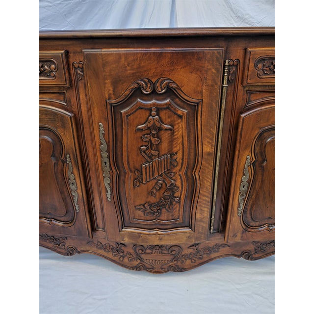 French Antique Carved Walnut French Louis XV Buffet Sideboard Server Cabinet With Music Motif For Sale - Image 3 of 13