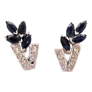 14 Karat White Gold Diamond and Sapphire Cluster Earrings 0.12 TDW, A Pair For Sale