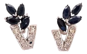 14 Karat White Gold Diamond and Sapphire Cluster Earrings 0.12 TDW, A Pair