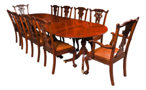 Antique Regency Triple Pillar Dining Table and Chairs, 1800s-1900s, Set of 11