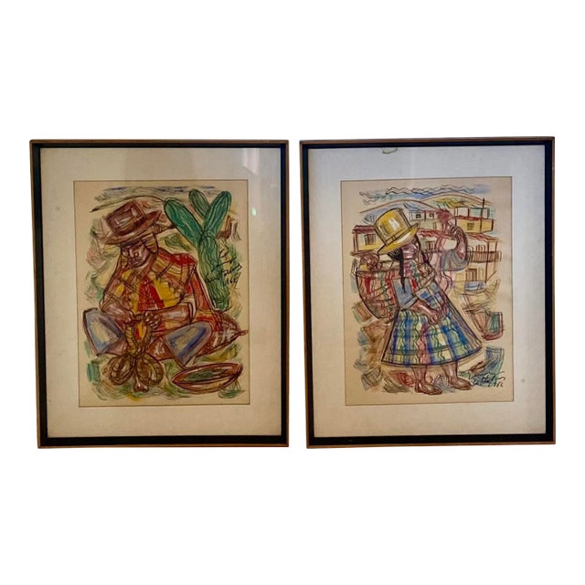Pair of Vintage 1960s Latin American Watercolors of Dancers in Native Costumes For Sale