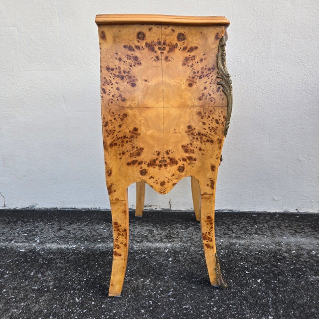 Wood Vintage Birdseye Maple Veneer Bombe Two Drawer Chest of Drawers, Pair For Sale - Image 7 of 18