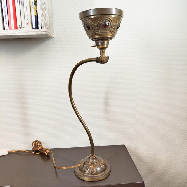 Antique Art Deco Jeweled Brass Gooseneck Desk Lamp With Ruby Glass Cabochons, Circa 1920s For Sale - Image 6 of 9