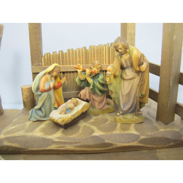 Brown Anri Italy Hand Carved Wood Nativity Barn Stable Set Figures & Animals 12pc Set For Sale - Image 8 of 12