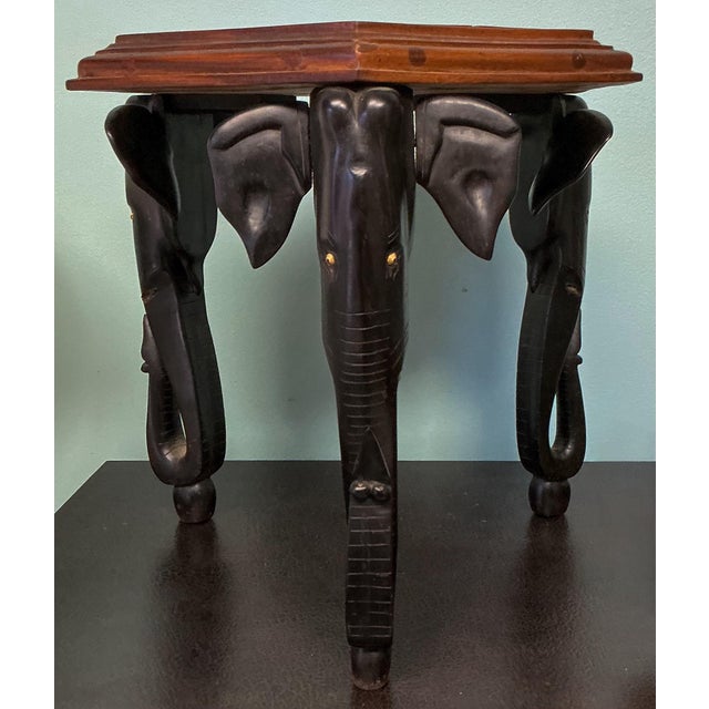Wood Early Anglo-Indian Carved Elephant Form Drinks Table W/ Parquetry Sunburst Top For Sale - Image 7 of 8