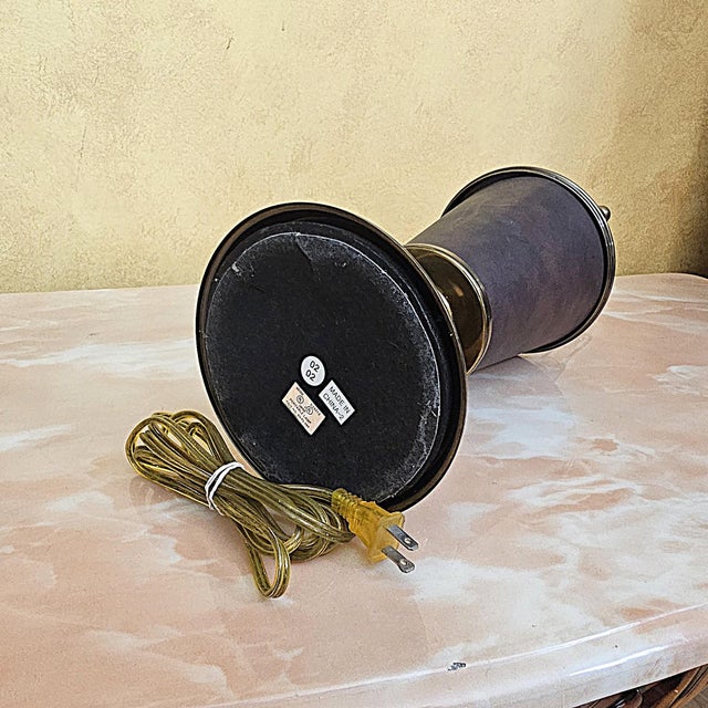 Vintage Brass & Faux Leather Table Lamp With Off‑White Silk Shade — 26.5" For Sale - Image 12 of 18