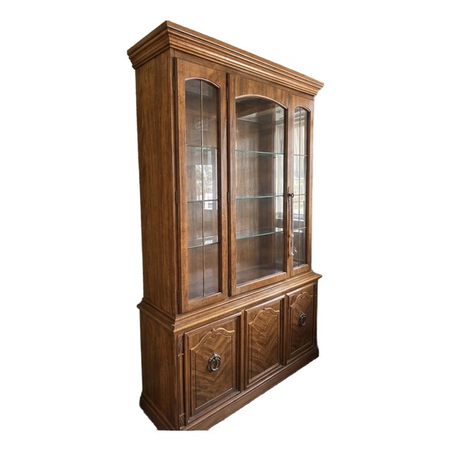 Traditional Brown Wood & Glass China Cabinet, Glass Front, Doors, Shelves For Sale