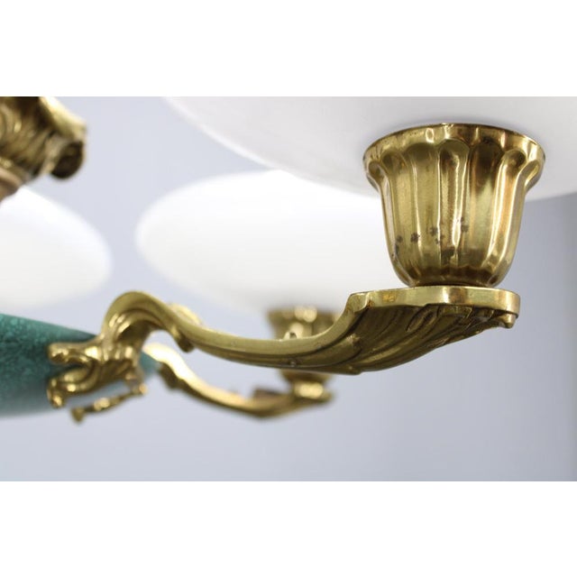 Art Deco Brass and White Glass Chandelier from Lyfa, Denmark, 1940s For Sale - Image 4 of 12