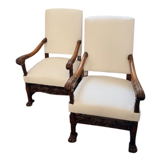 Pair of Antique White and Walnut Accent Chairs For Sale
