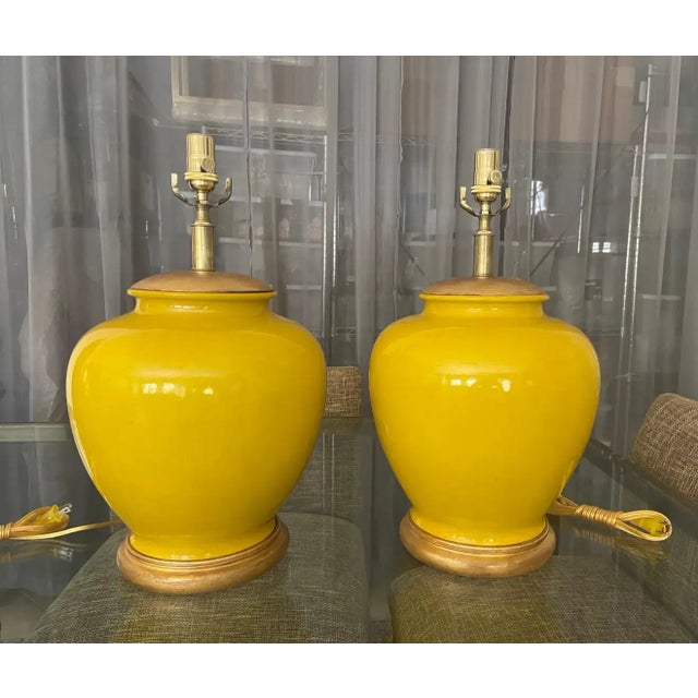 1950s Japanese Asian Bright Yellow Porcelain Table Lamps - a Pair For Sale - Image 4 of 13