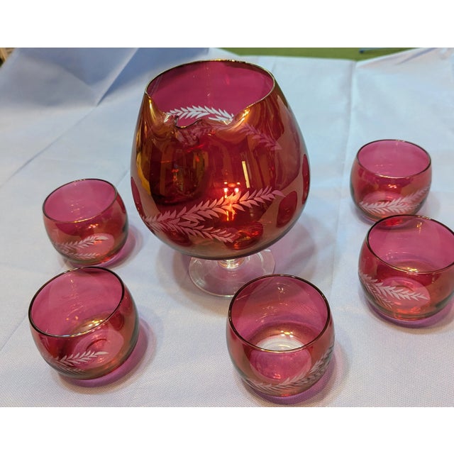 1940s Vintage Cranberry Etched Brandy Glass Set- 7 Pieces For Sale - Image 5 of 5