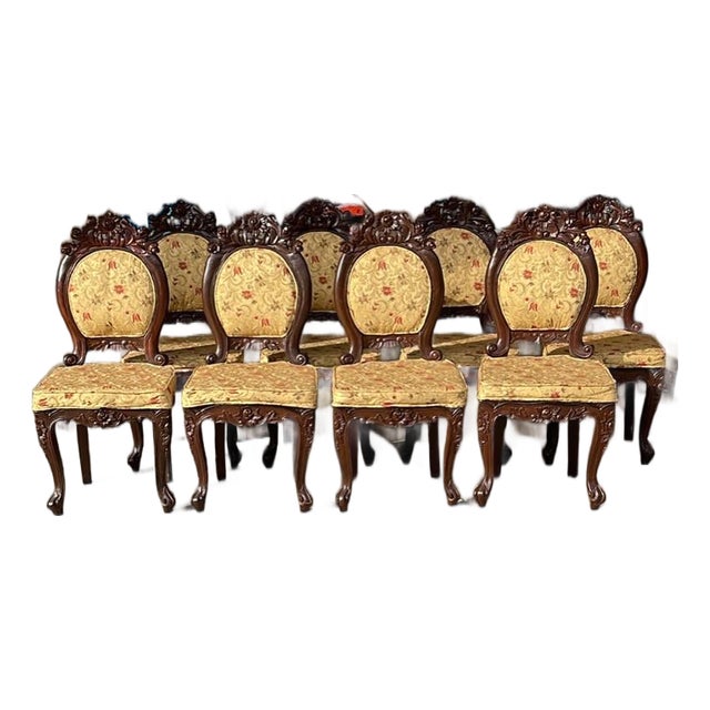 Mid-Late 20th Century Vintage Rococo Revival Carved Accent Chairs in Yellow-Gold Floral Damask - 8 Pieces For Sale