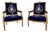 Mid 20th Century French Louis XVI Style Giltwood & Navy Embroidered Velvet Fauteuils- Pair For Sale