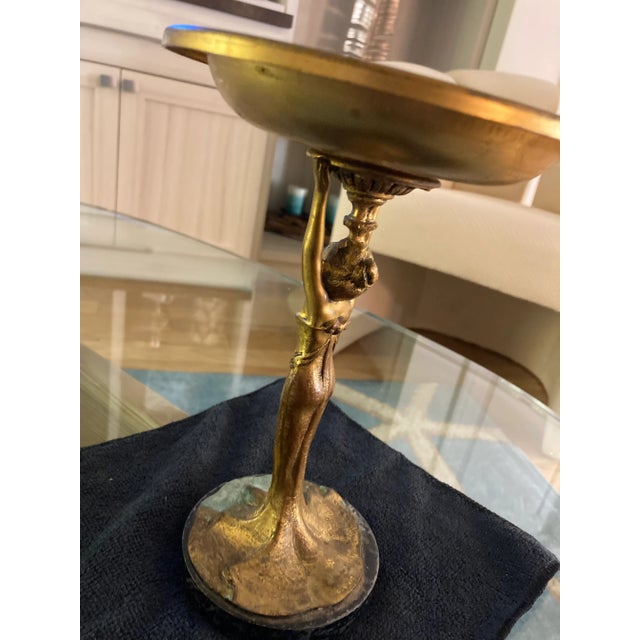 Brass Antique Late 19th Century Brass Art Nouveau Woman Holding a Bowl For Sale - Image 8 of 12