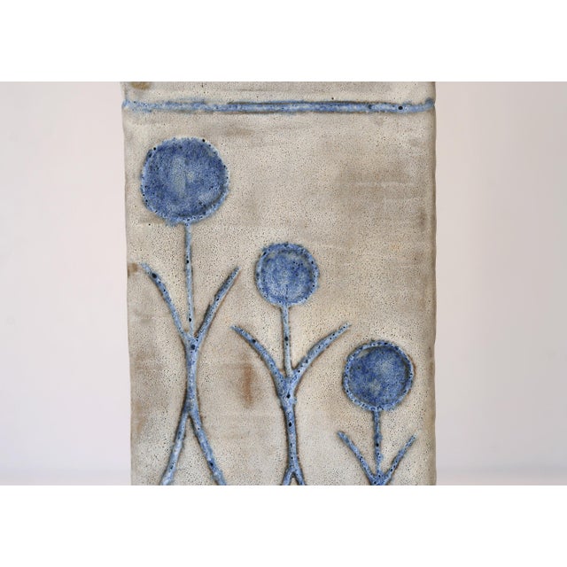 Vintage Signed Studio Pottery Double Spout Fat Lava Vase With Abstract Flowers For Sale - Image 4 of 10