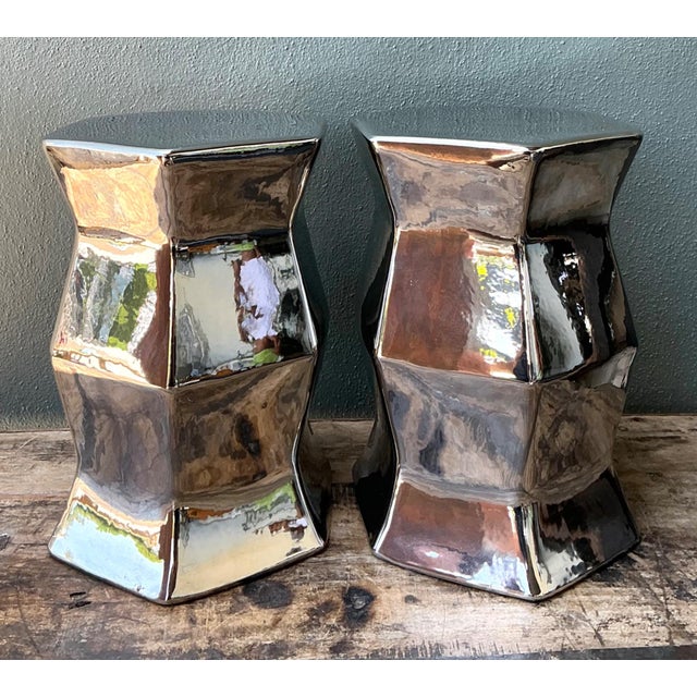 Make a bold design statement with this pair of vintage faceted ceramic low stools, beautifully finished in a luminous...