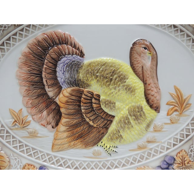 Vintage Painted Black Wood Rectangular Serving Tray with Handles. Ceramic platter depicting holiday Turkey, fruits and...