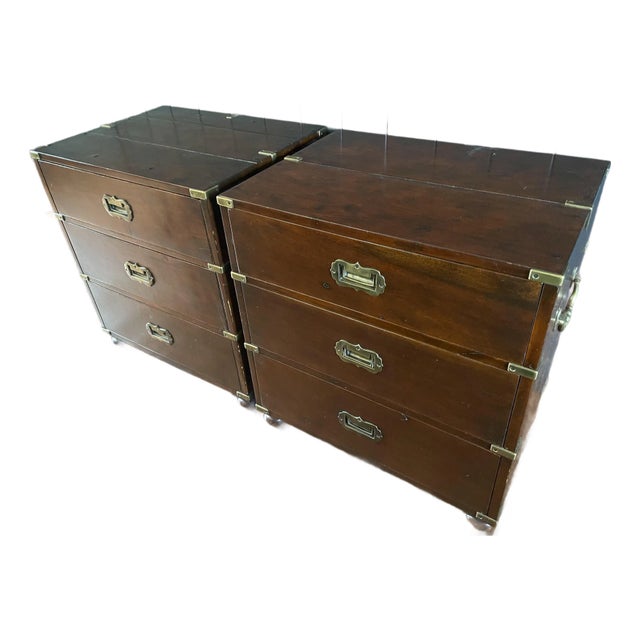 Mid 20th Century Solid Wood Campaign 3-Drawer Dresser / Bedside Table / End Table - Set of 2 For Sale
