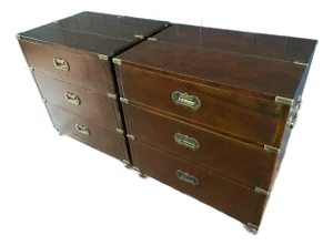 Mid 20th Century Solid Wood Campaign 3-Drawer Dresser / Bedside Table / End Table - Set of 2