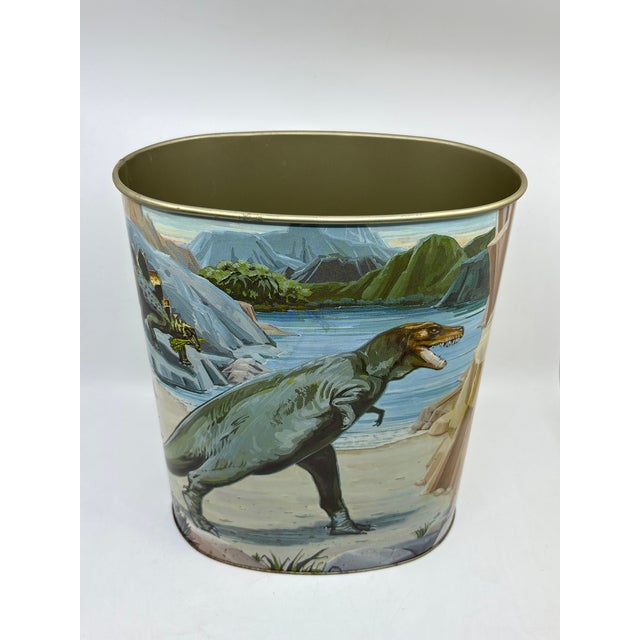 Tribal 1980s Vintage Prehistoric Dinosaur / Mammoth Metal Wastebasket For Sale - Image 3 of 11