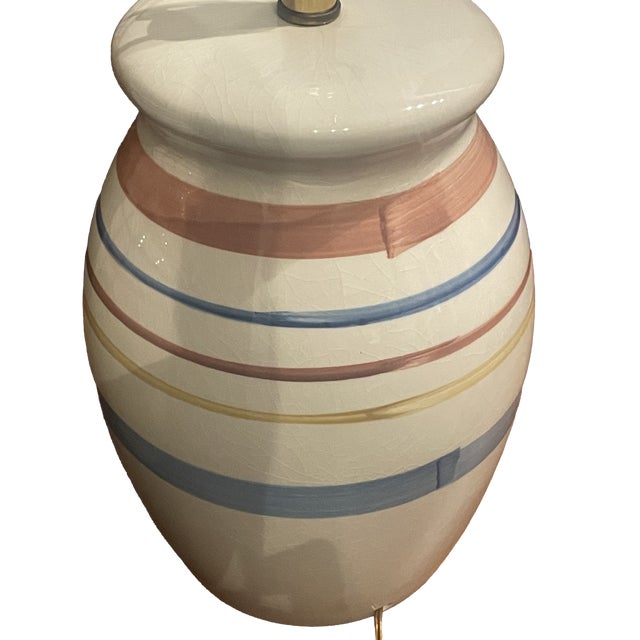 Pair of vintage Ethan Allen ceramic table lamps featuring a classic gourd-form silhouette with a beautiful crackle...