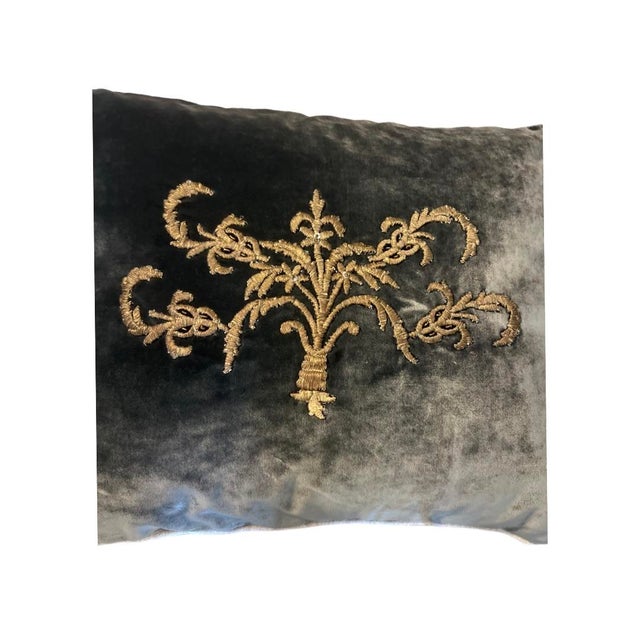 Vintage Italian Dark Grey Velvet Pillow With Antique Gold Metallic Wire Embroidery. Embroidery C. 1800-1810. Redesigned By...