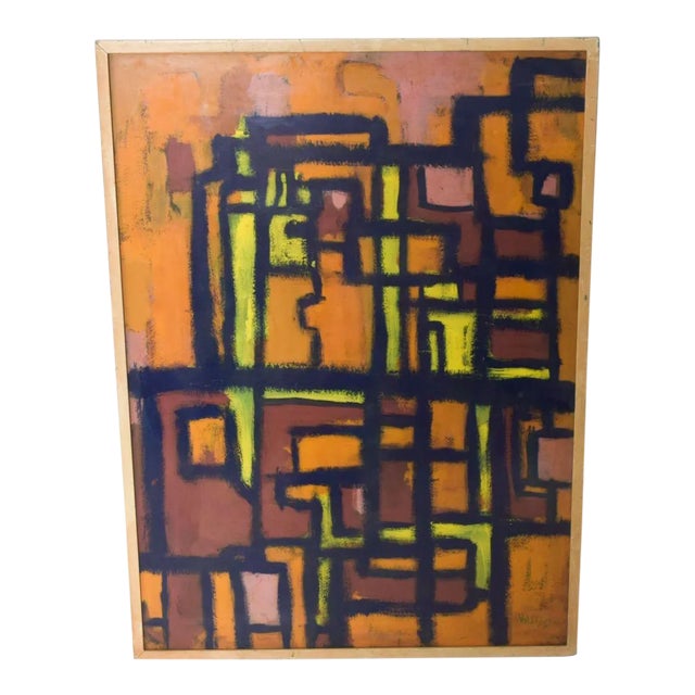 Modern Abstract Painting Cubist Art Orange & Black Valdes 1961 Spain For Sale