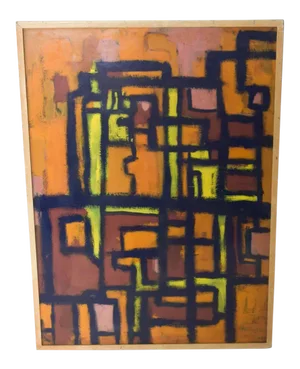Modern Abstract Painting Cubist Art Orange & Black Valdes 1961 Spain