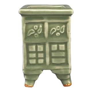 Chinese Vintage Green Celadon Square Four‑Footed Censer With Relief Decoration For Sale