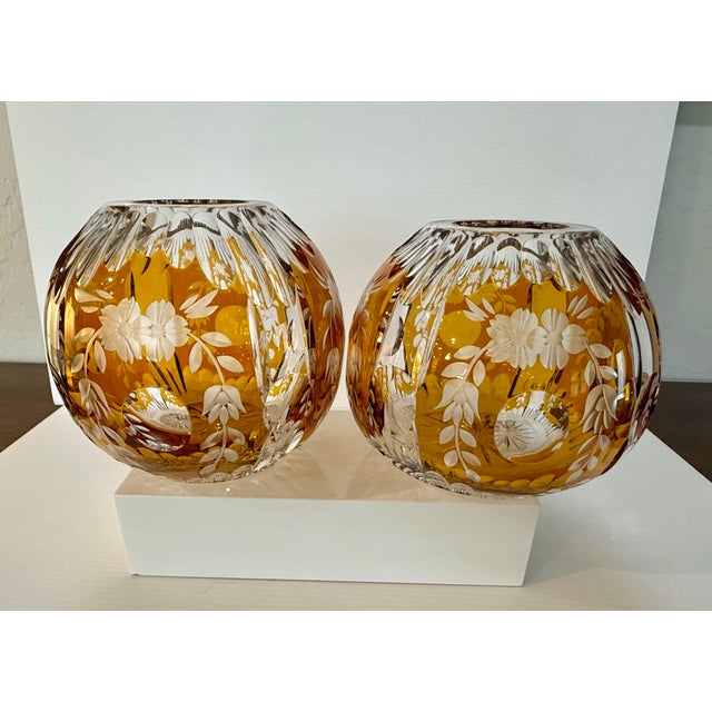 Pair of Vintage Huta Julia Poland Amber Cut-to-Clear Crystal Orb Bowls For Sale - Image 12 of 12