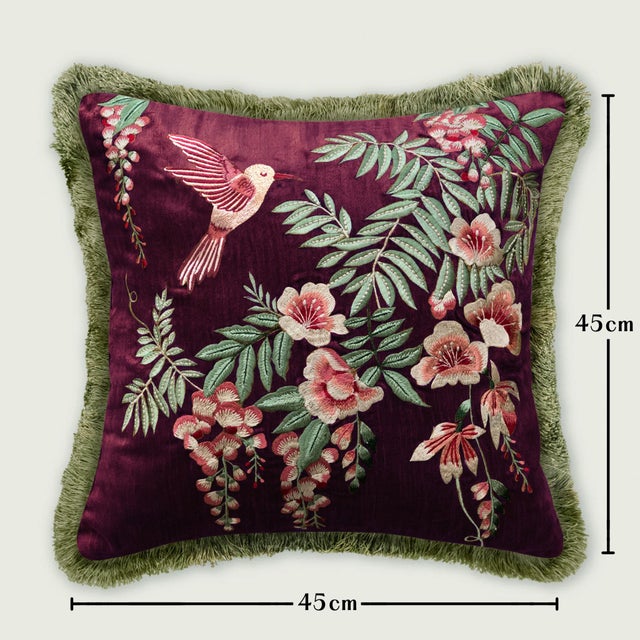Botanical Beauty: Hand Embroidered Velvet Pillow Featuring Silk Thread Floral Motif - Stylish Home Decor Cushion Living Room Sofa For Sale - Image 6 of 6