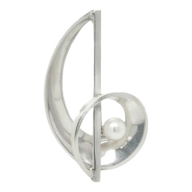 Vintage Antonio Pineda Mexican Modernist 970 Silver & Pearl Brooch or Pin For Sale