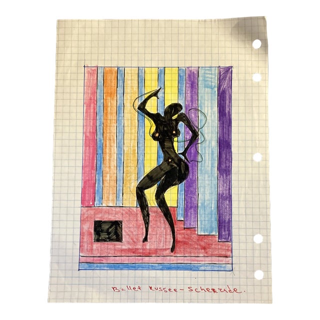 1960’s Vintage Original Colored Pencil Abstract Female Nude Drawing “Ballet Russee” For Sale