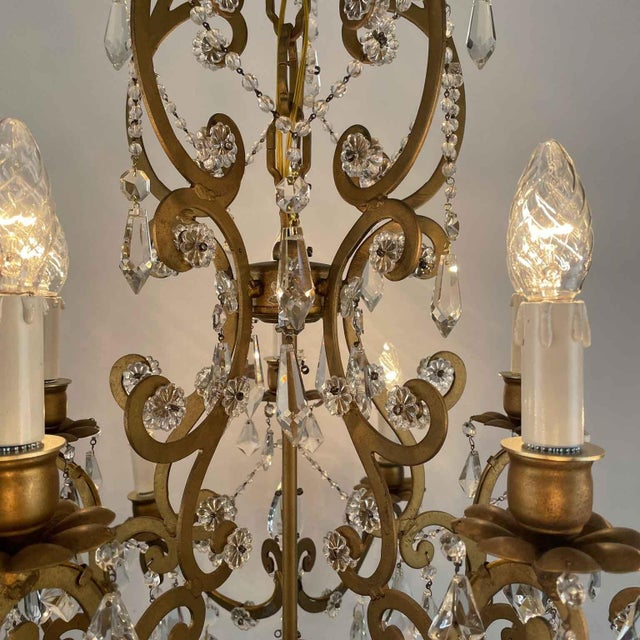 Chandelier in Gilded Iron and Crystals, 1950s For Sale - Image 6 of 11