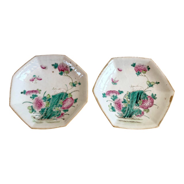 Antique Chinese Qing Famille Rose Rabbit & Peonies Footed Plates Dishes - a Pair For Sale