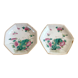 Antique Chinese Qing Famille Rose Rabbit & Peonies Footed Plates Dishes - a Pair